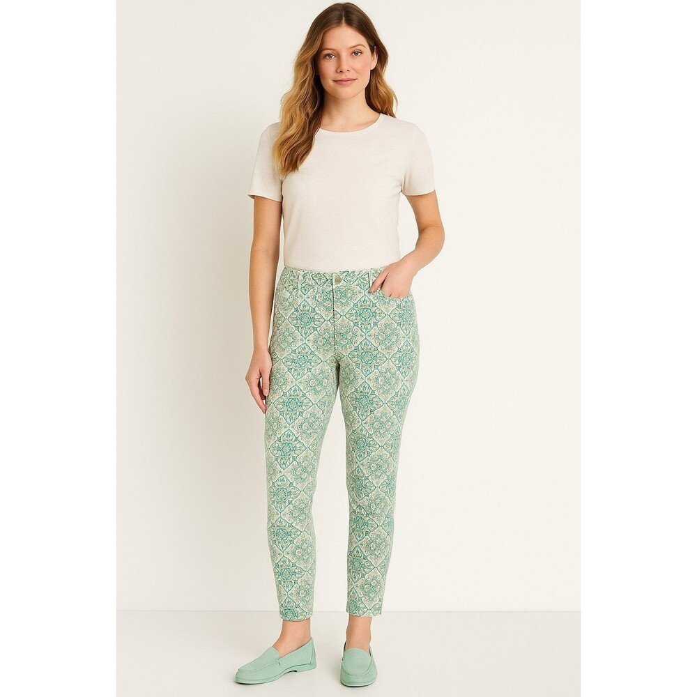 NYDJ for Chico’s Lift Tuck Skinny Pants Women’s 8 Aqua Tan Boho Print –...